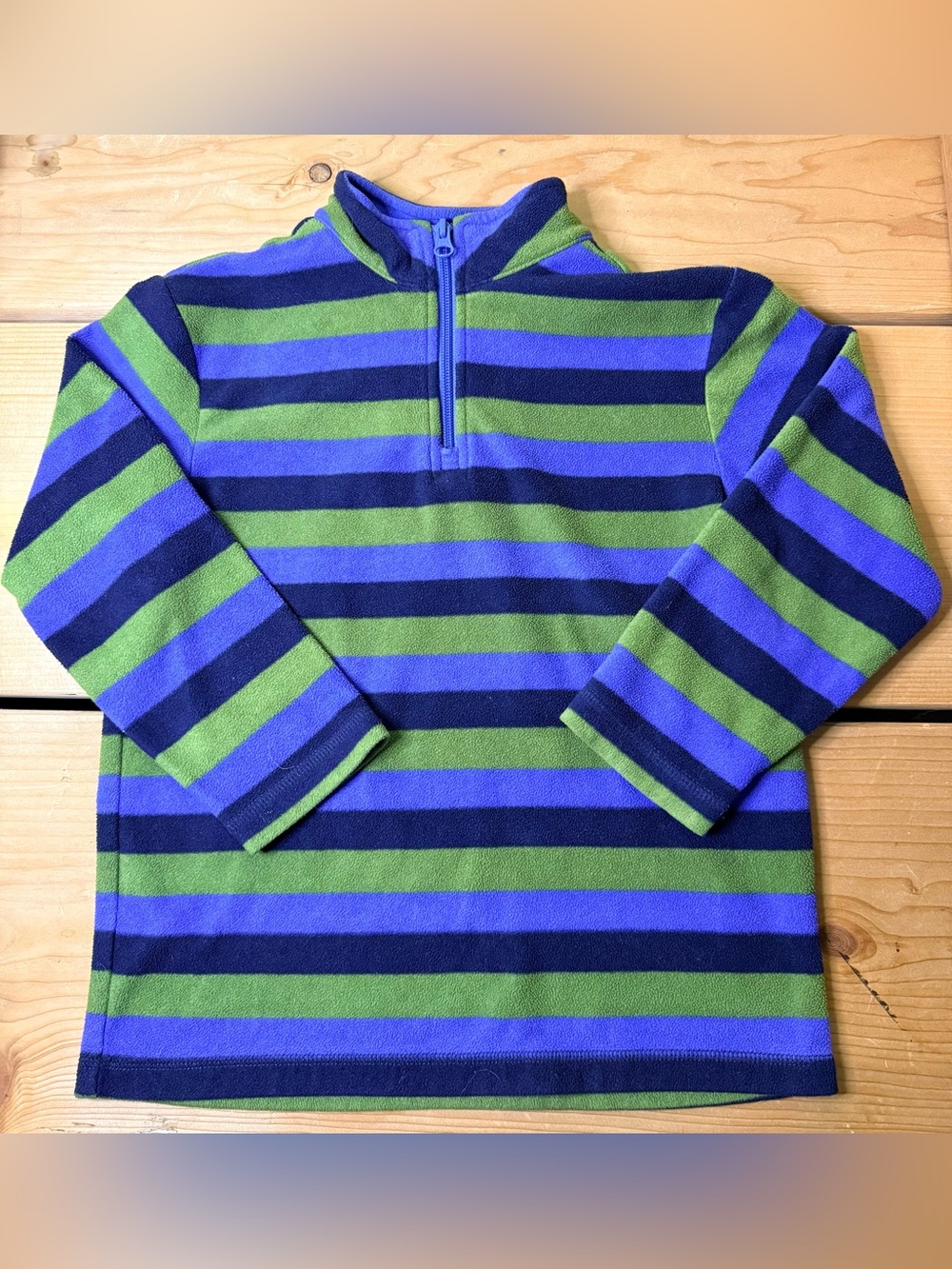 Hanna Andersson 1/4 zip Fleece Pullover Jacket Blue Green Striped Sz 6-7 /120